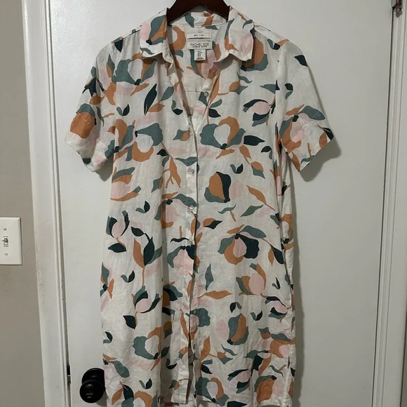 Rachel Zoe White Button-Front Shirt Dress with Pink, Green, and Tan Floral Print - Picture 1 of 3
